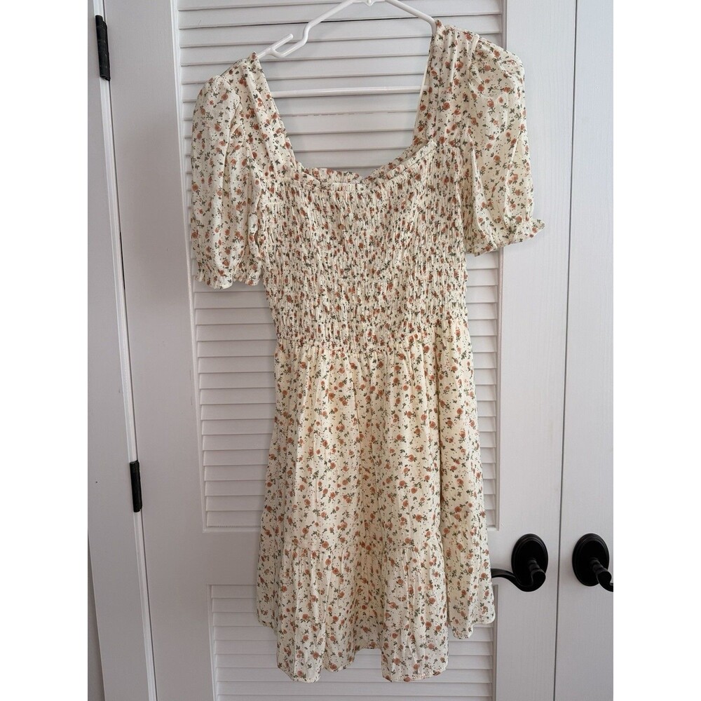 Mine Cottagecore Floral Smocked Mini Dress Puff Sleeve Cream Medium NWT